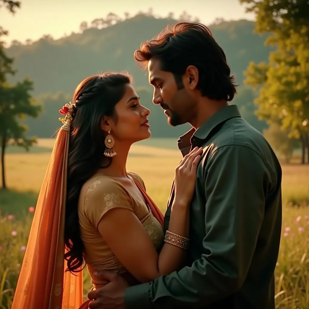 Two actors in a romantic embrace during a song sequence in a Rithu film.