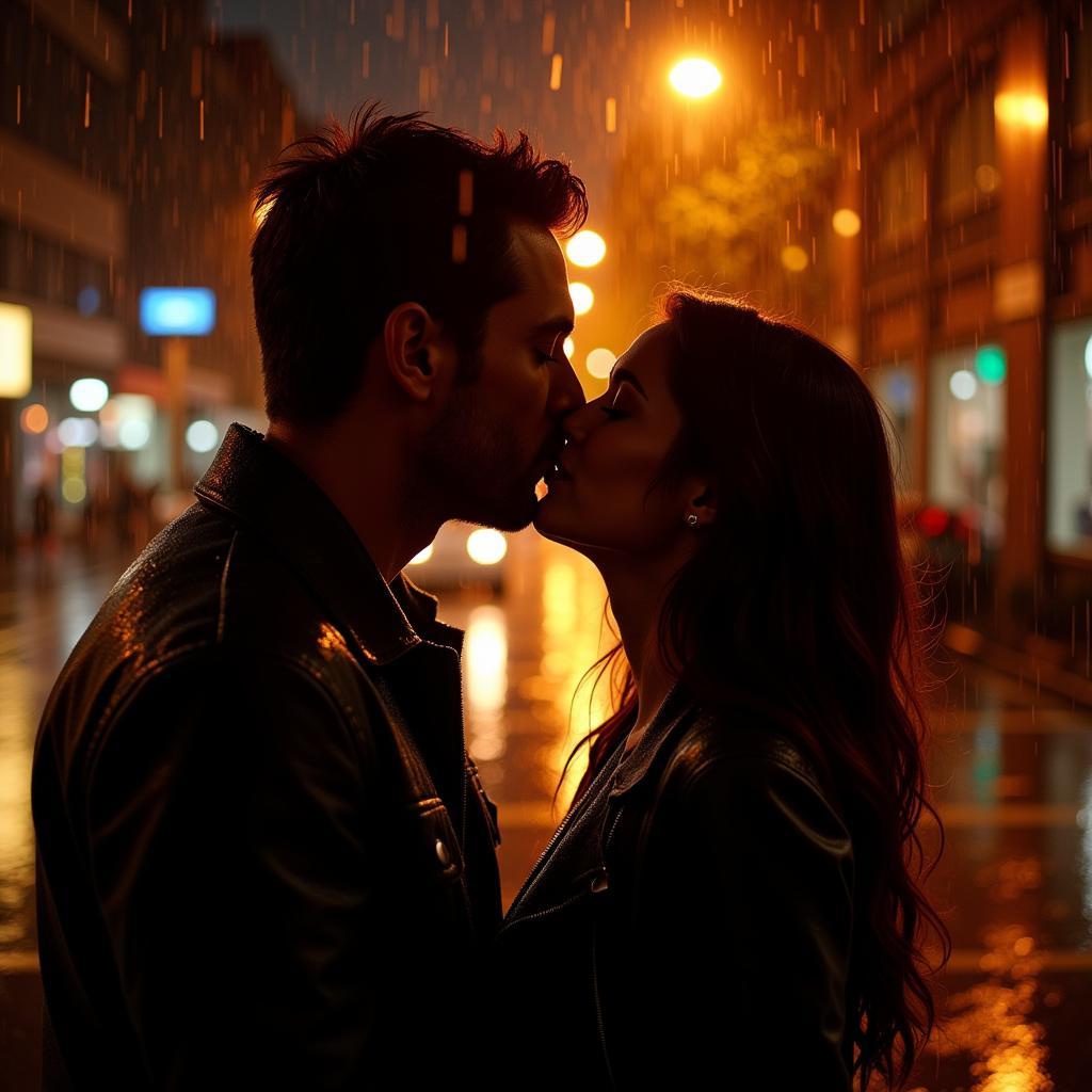 Couple sharing a passionate kiss in the rain