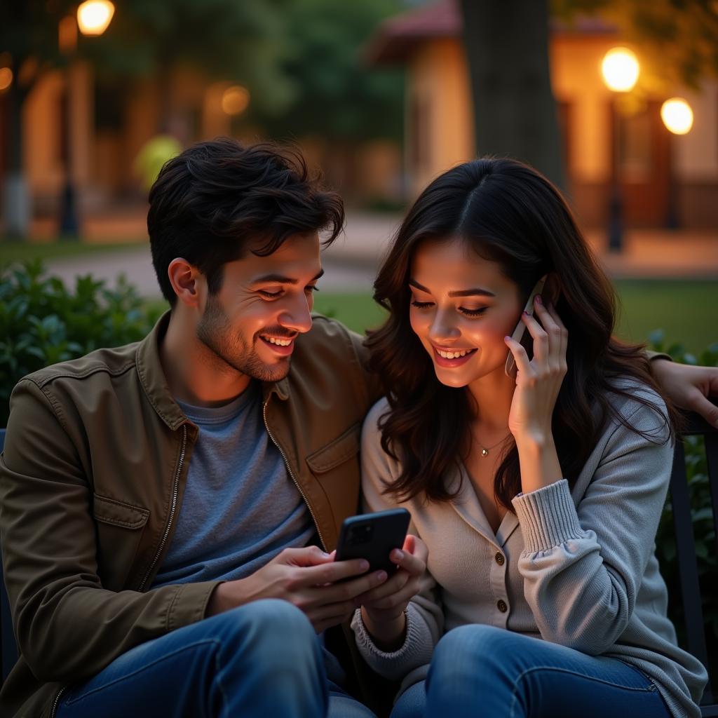 Couple listening to movie soundtrack ringtone on phone