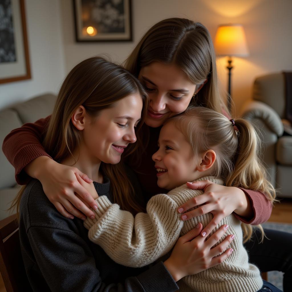 Emotional embrace between family members