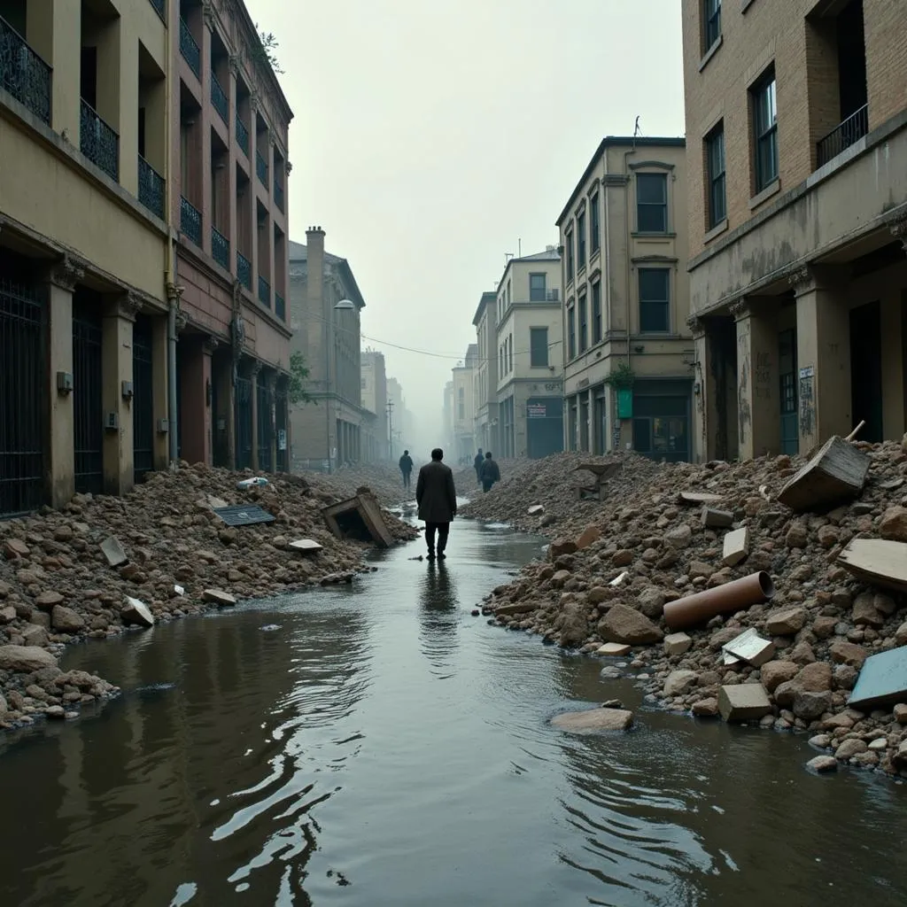 Scene from San Andreas depicting widespread destruction caused by the earthquake