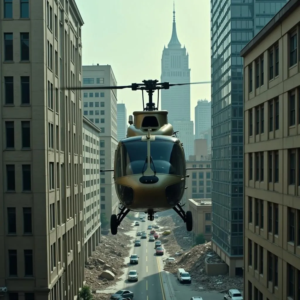 San Andreas movie scene with Dwayne Johnson piloting a helicopter through a devastated city