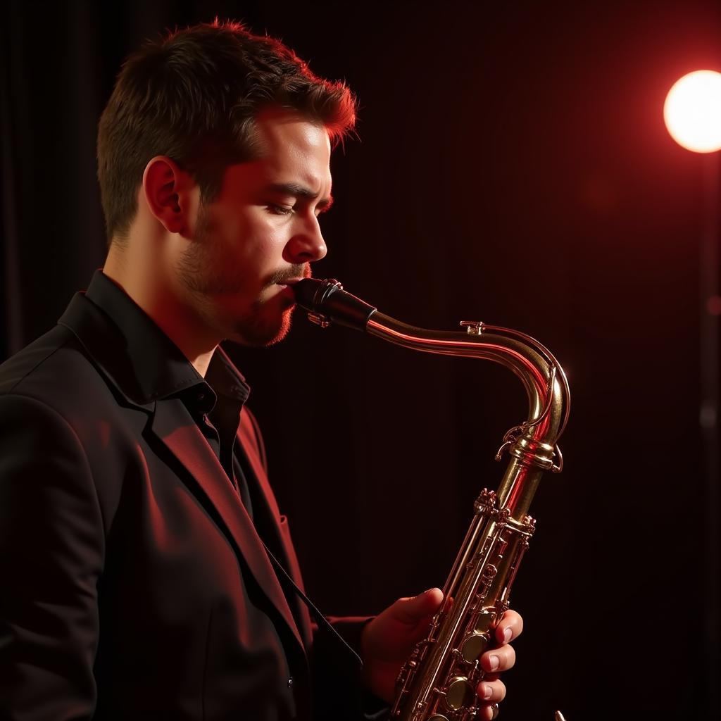 A man playing saxophone in a dimly lit jazz club