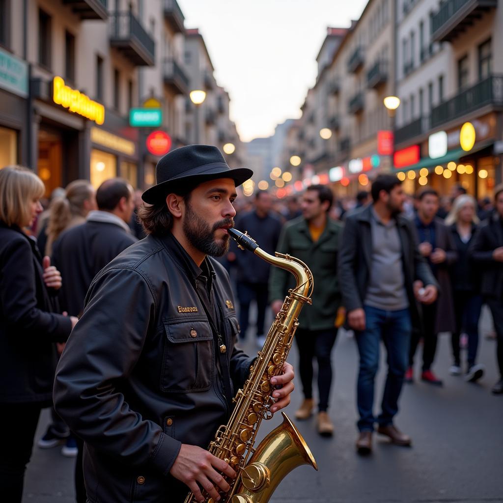 A street musician captivating a crowd with his saxophone performance