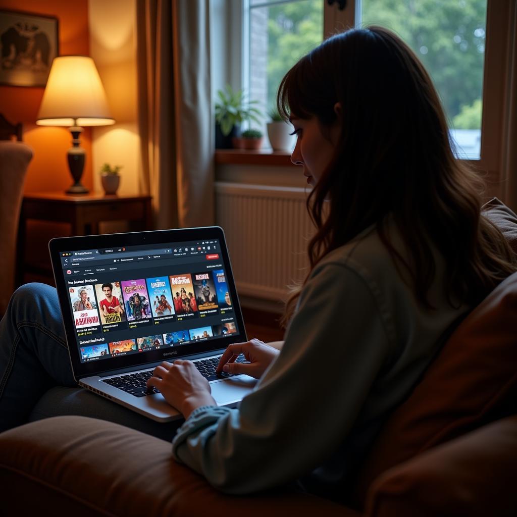 A person using a laptop to search for Bollywood movies online.