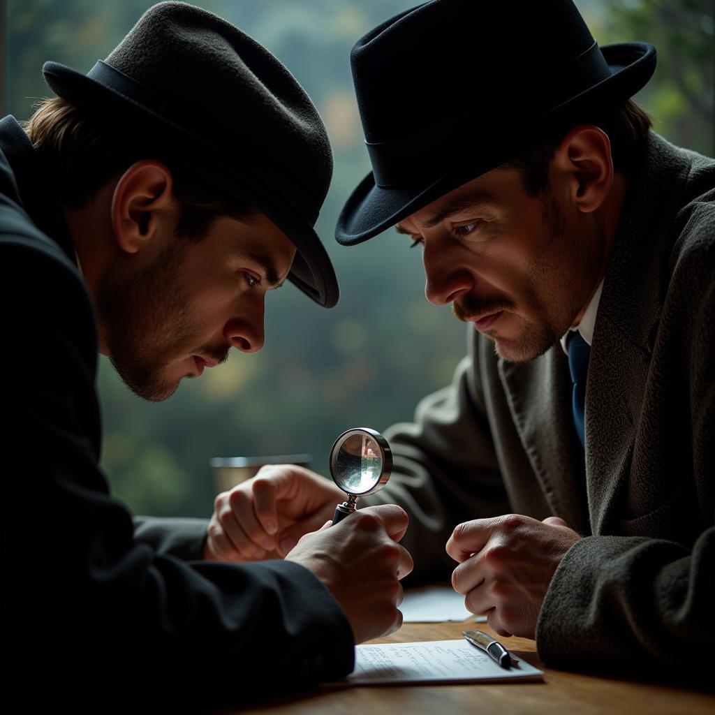 Sherlock Holmes and Dr. Watson examining a clue together