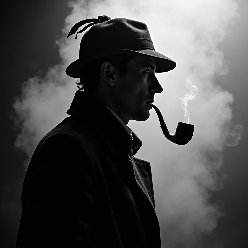 Sherlock Holmes silhouette with a smoking pipe