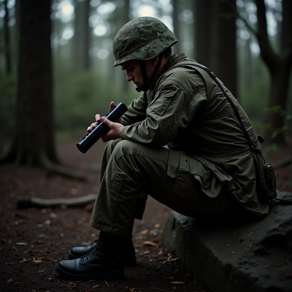 Soldier sitting alone playing a harmonica