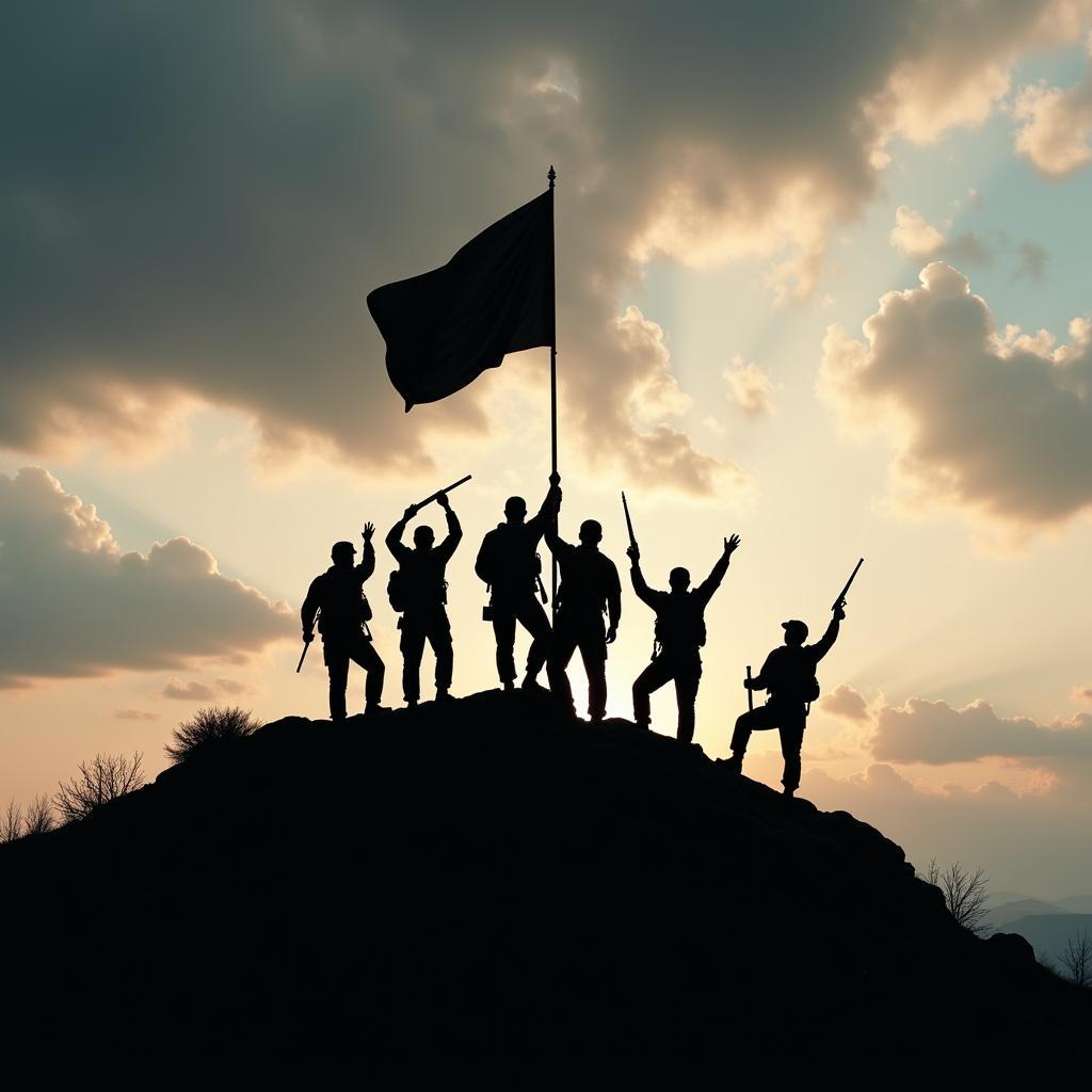 Soldiers raising a flag on a mountaintop