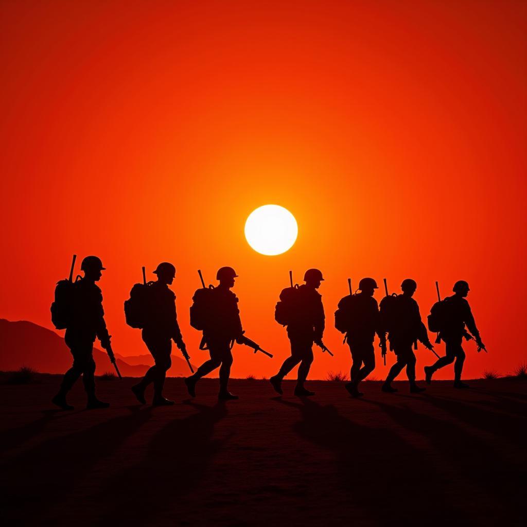 Soldiers silhouetted against a fiery sunset