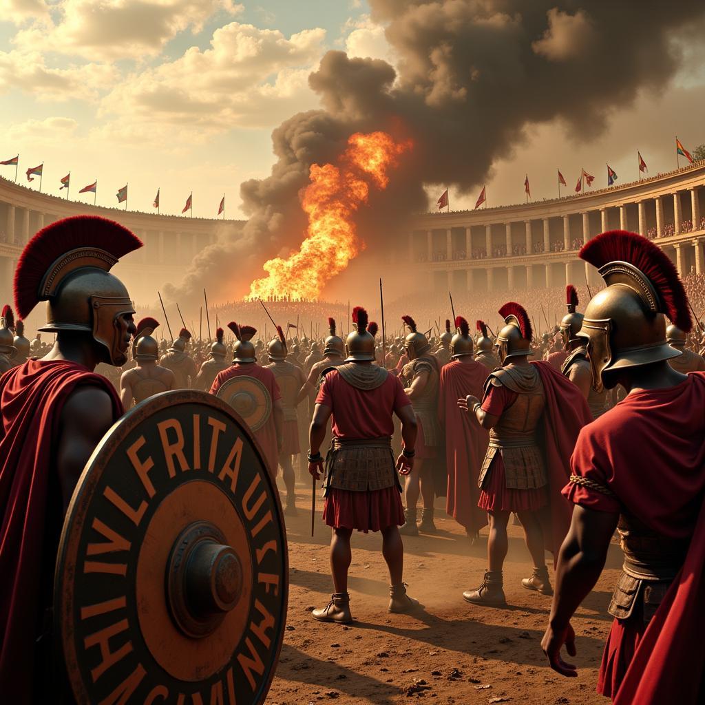 Roman soldiers clashing with gladiators during Spartacus's uprising