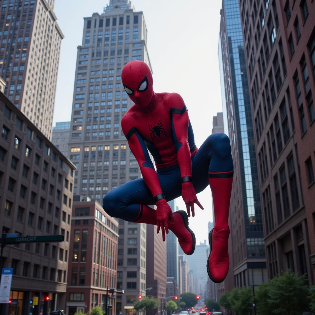 Spider-Man swinging through a city skyline