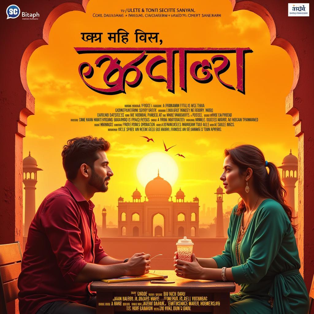 A movie poster depicting a romantic scene between a man and a woman in traditional Indian attire