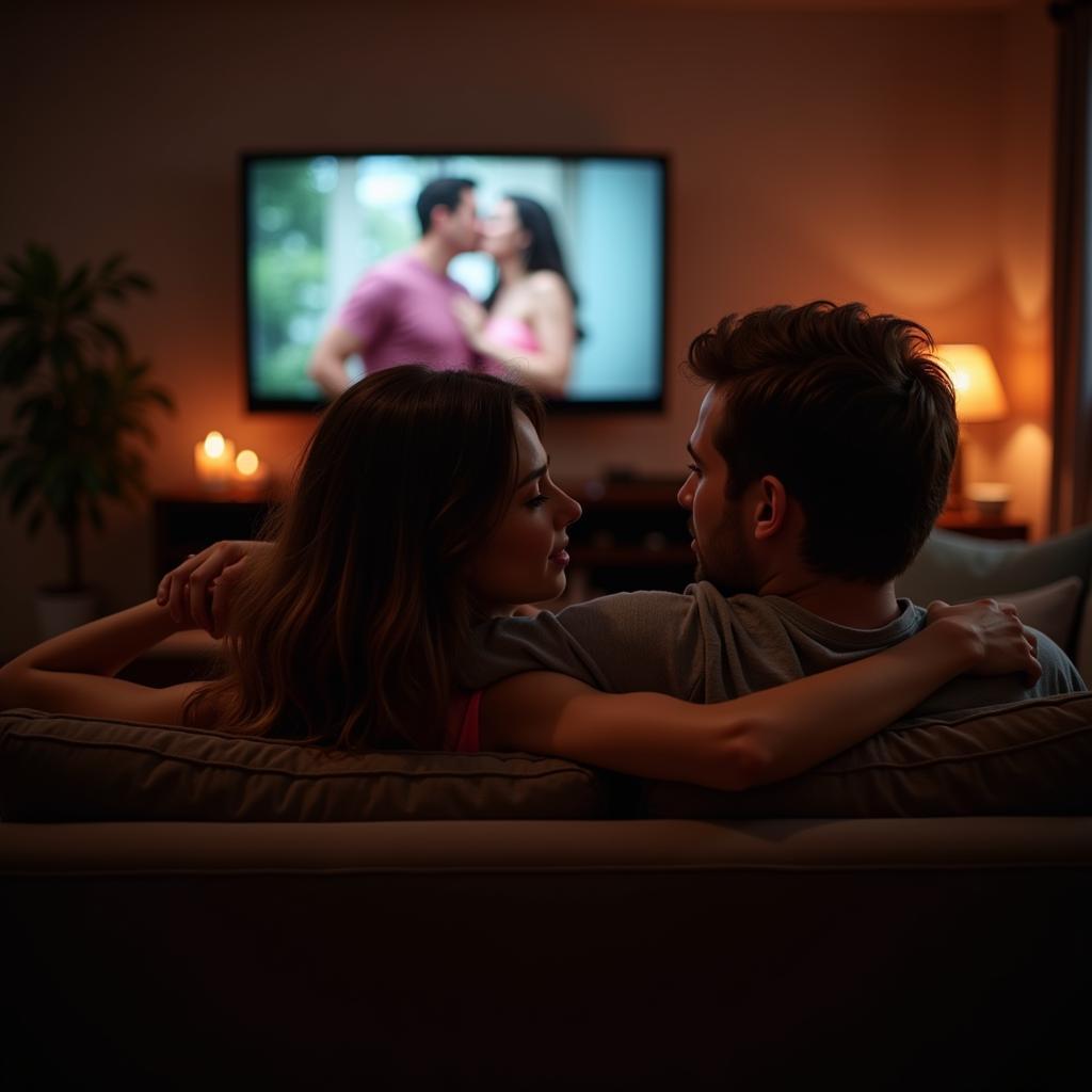 Couple cuddling on the couch during a steamy movie night