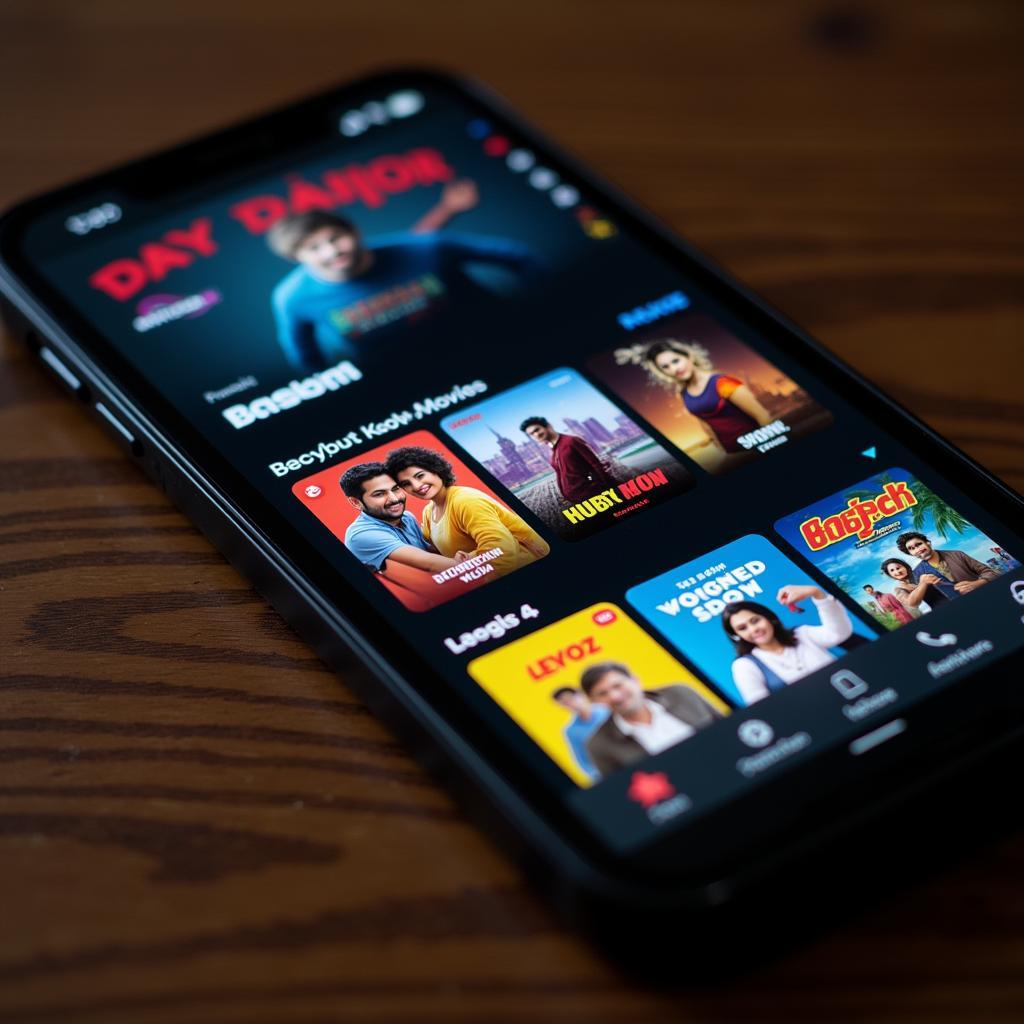 Smartphone displaying a streaming platform with Bollywood movies.