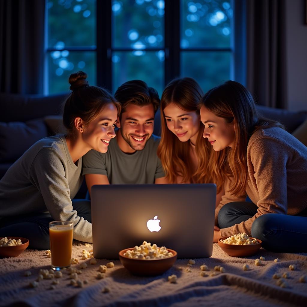 Friends gathered around a laptop for movie night, enjoying popcorn and drinks