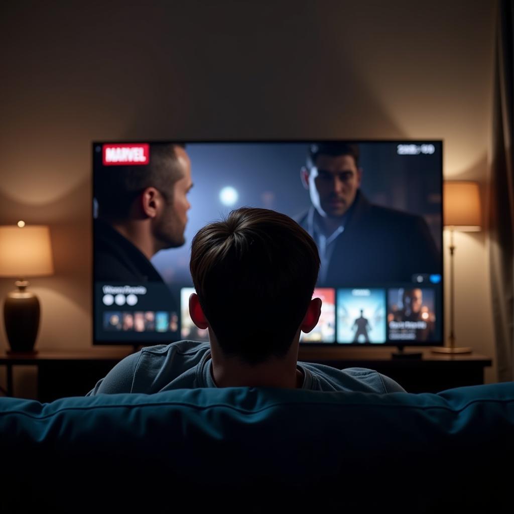 A person relaxing on a couch, streaming a Punjabi movie on Movie USA Full HD platform.