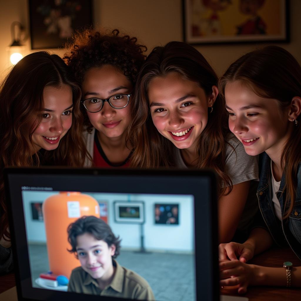 Students huddled around a laptop, browsing for movie images online