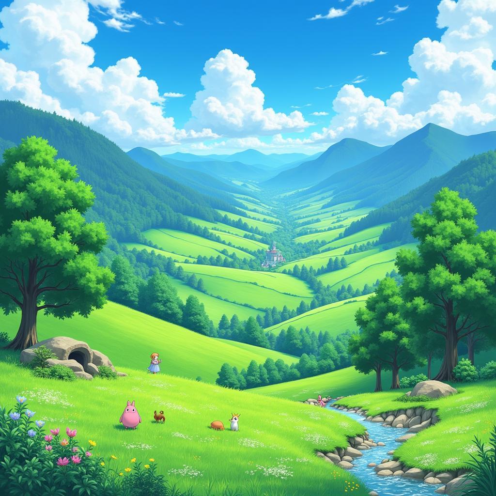 Studio Ghibli anime movie landscape with lush greenery and fantastical creatures