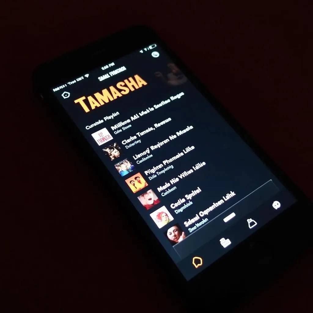 A playlist of Tamasha movie songs on a smartphone