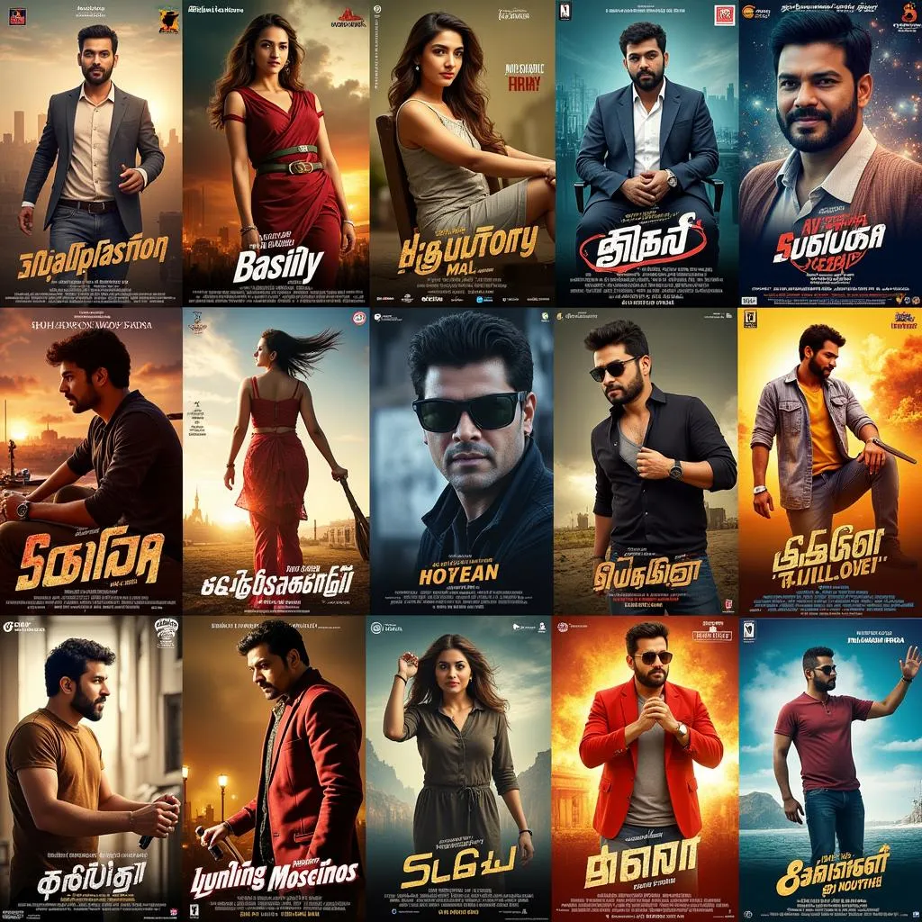 Vibrant Tamil movie posters and promotional images showcase the lead actors in captivating poses.