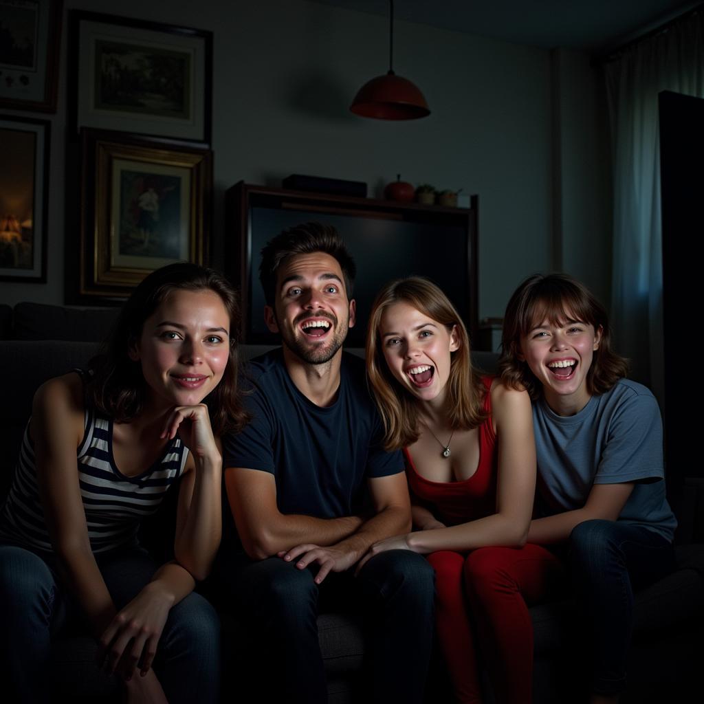 A group of teenagers watching a horror film in a darkened living room.