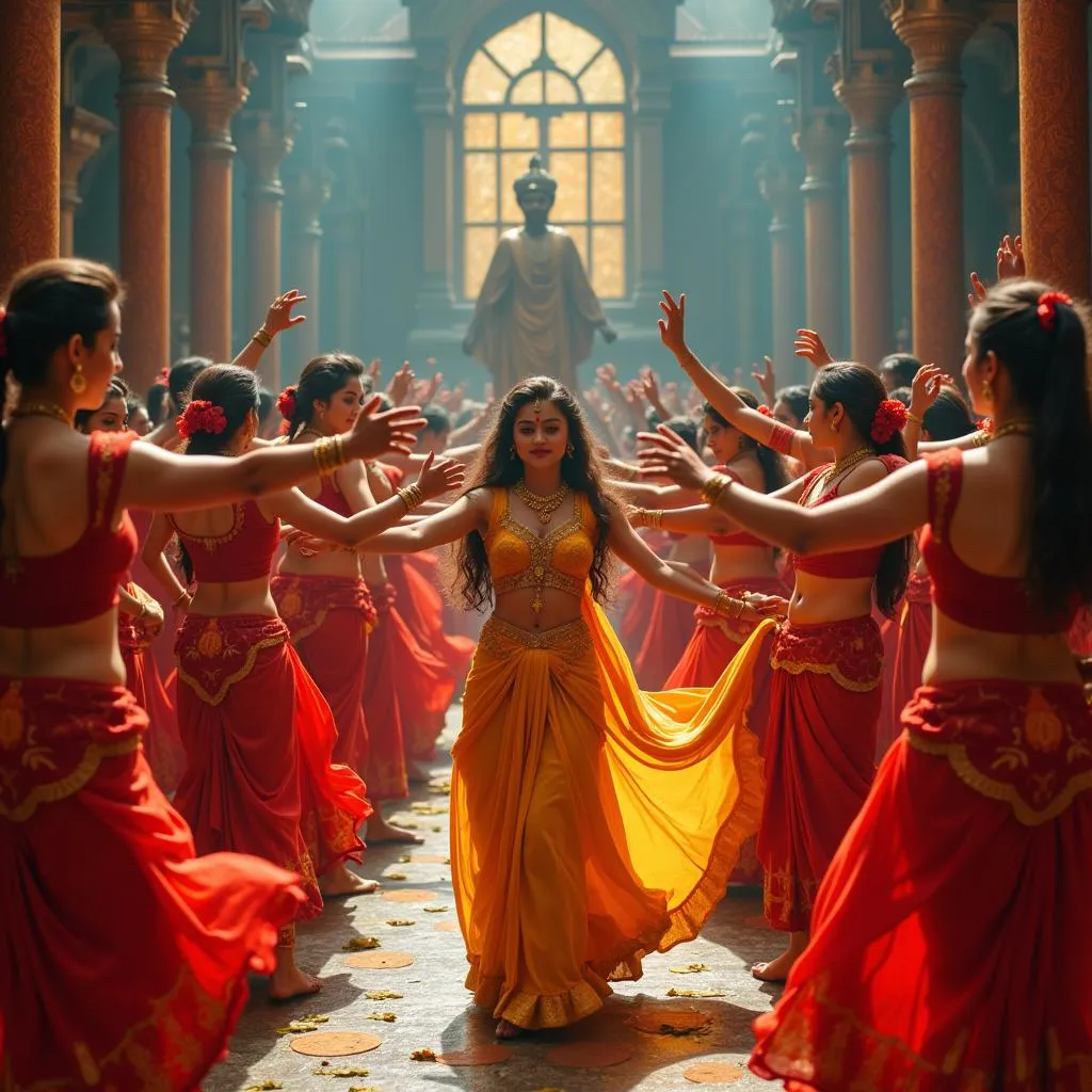 Scene from a Telugu movie featuring a large-scale dance performance