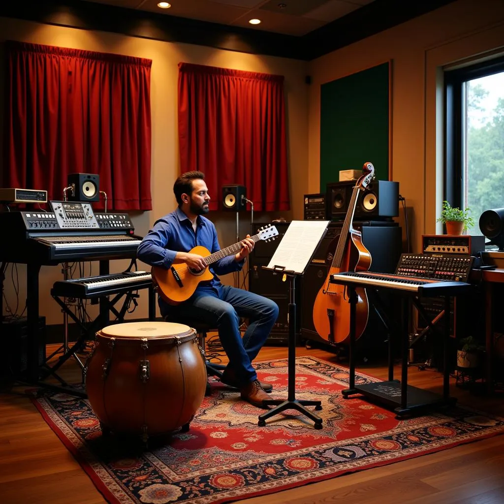 A Telugu music composer in the studio incorporating traditional instruments 