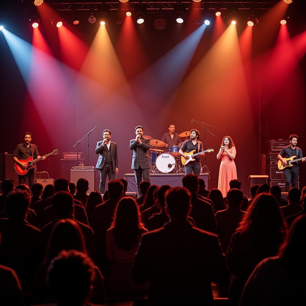 A live concert featuring Telugu singers and musicians performing on a stage with bright lights.