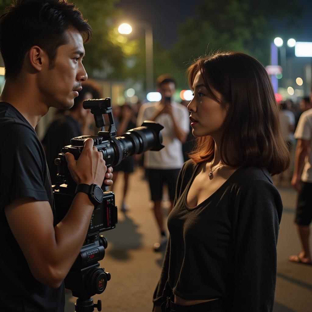 Two actors filming a scene for a Thai pron film