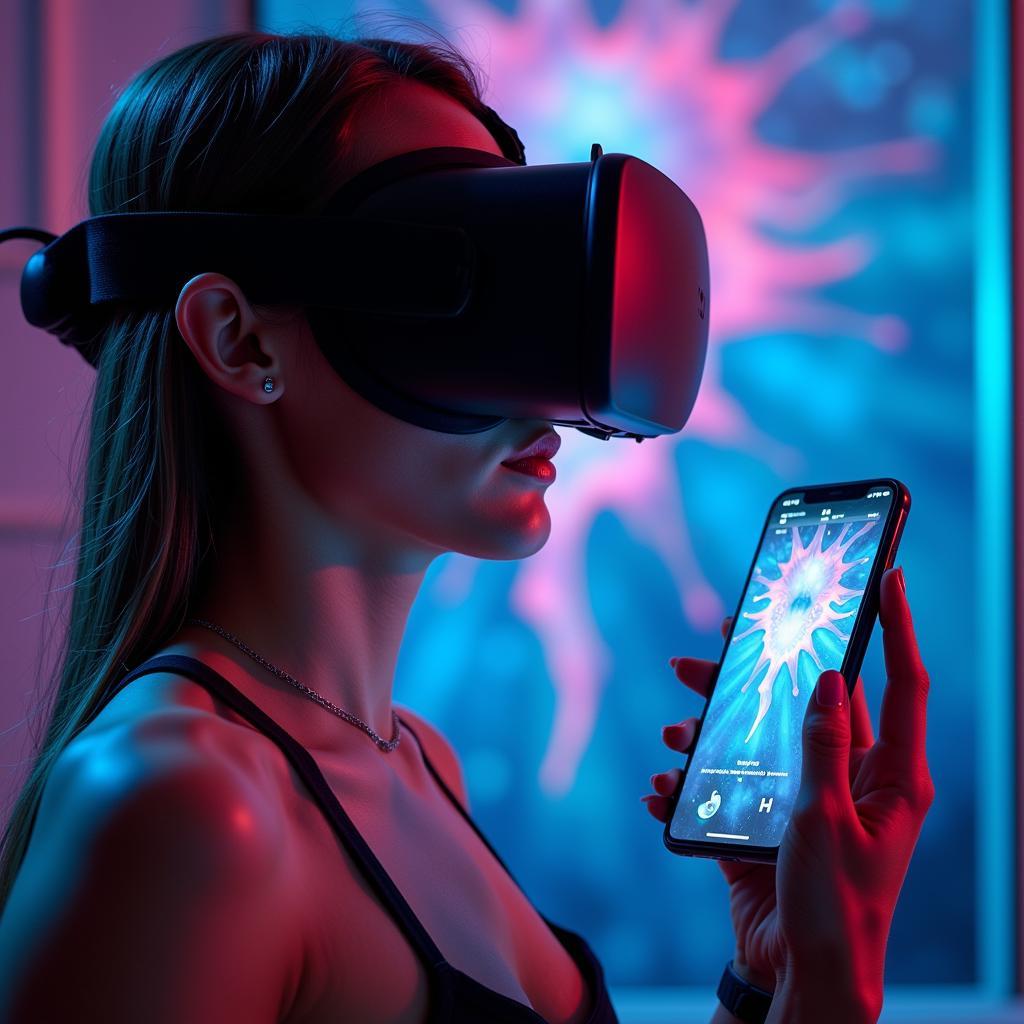 The Future of XXX Seduction Movies: A futuristic VR headset rests on a table next to a smartphone displaying a virtual reality interface. The background subtly features abstract representations of human connection and desire.