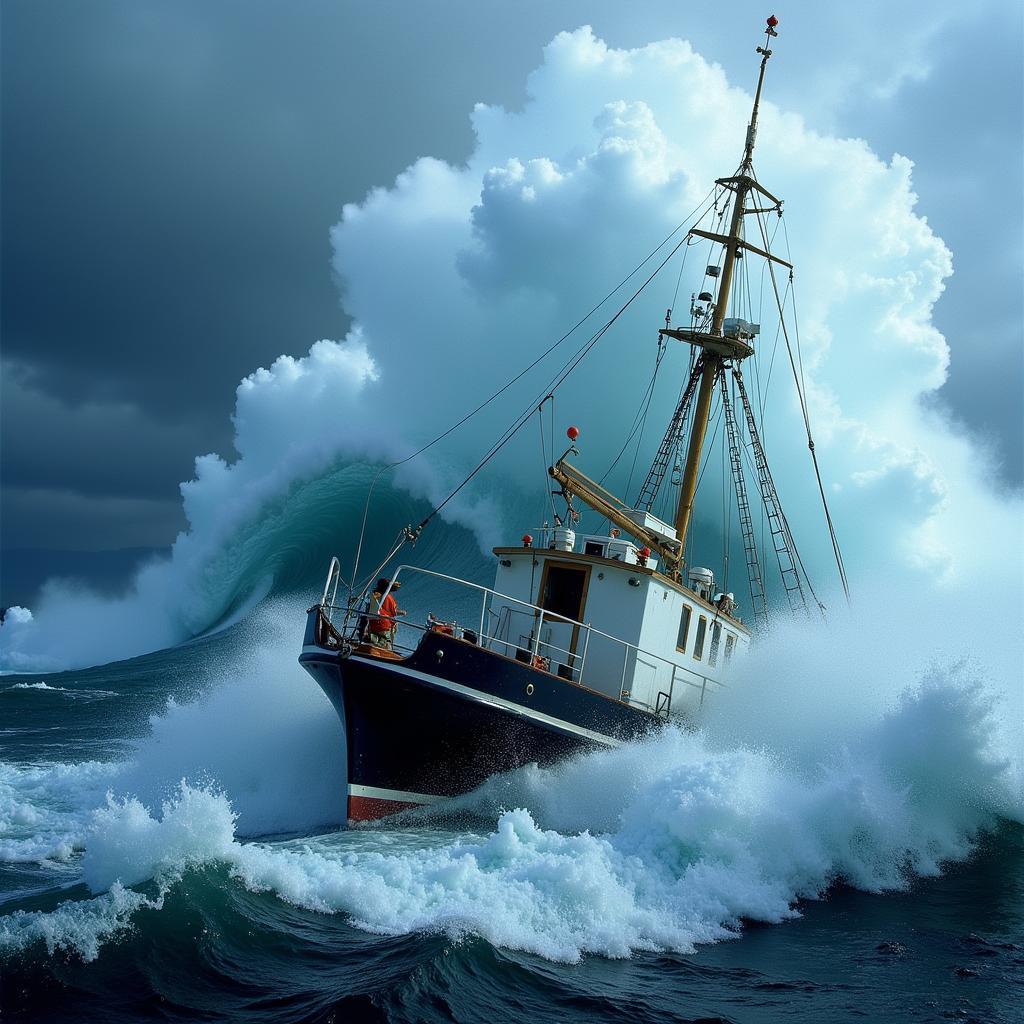 The Perfect Storm - a fishing vessel battles against a gigantic wave