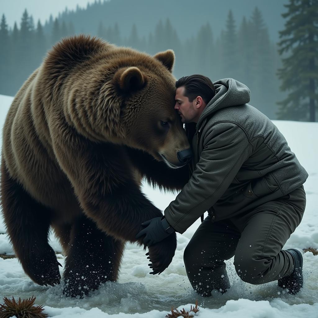 Leonardo DiCaprio in The Revenant battling a grizzly bear