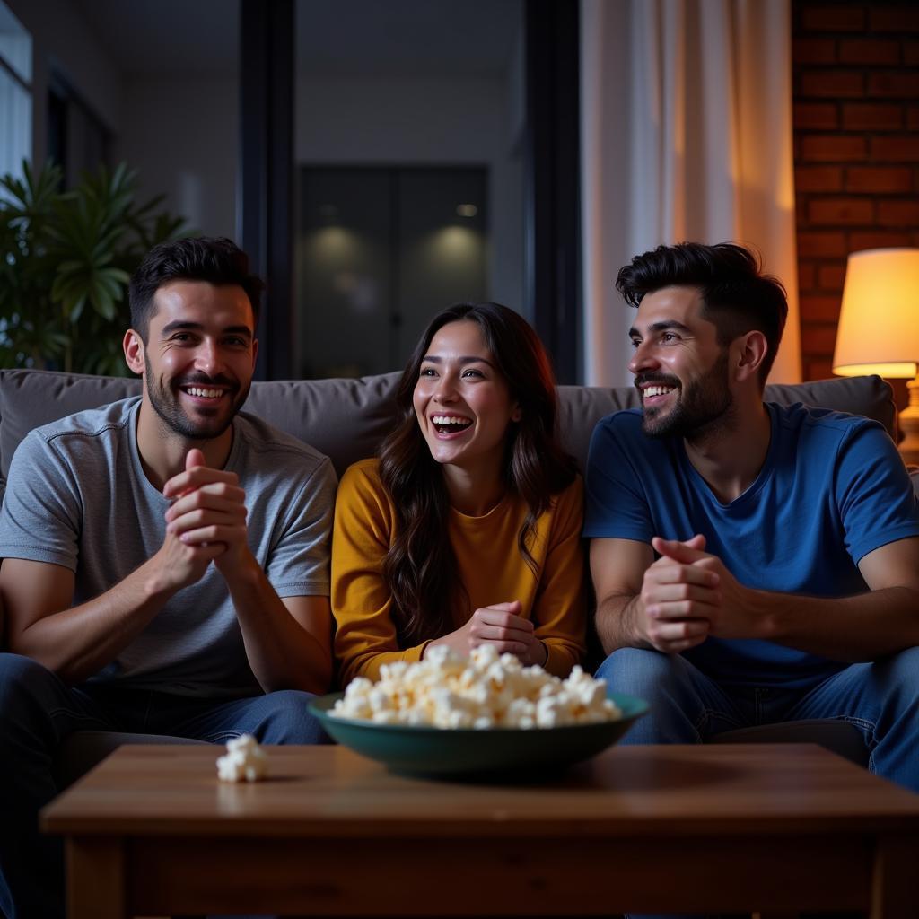 Three friends enjoy a movie night