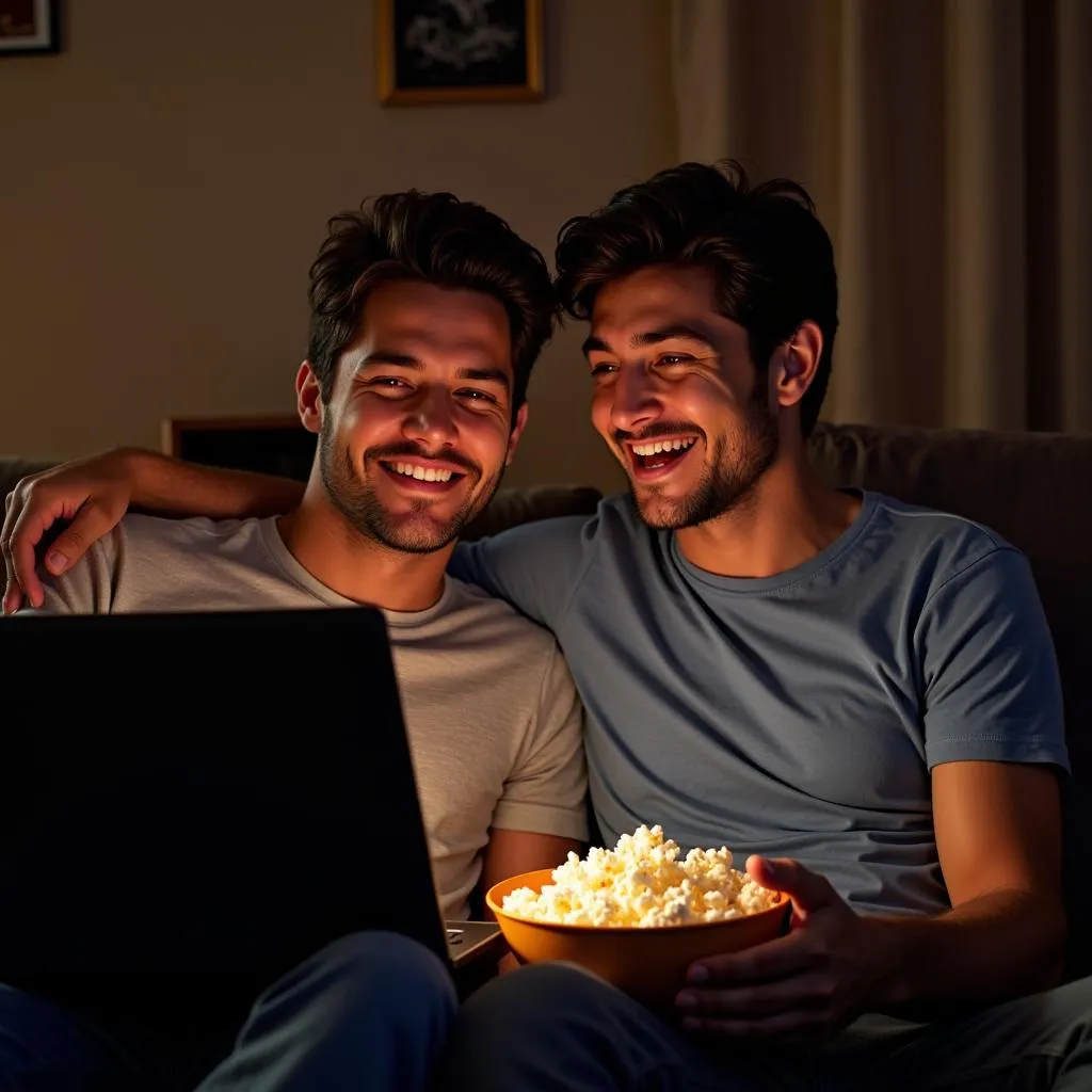 Friends laughing while watching movie on laptop