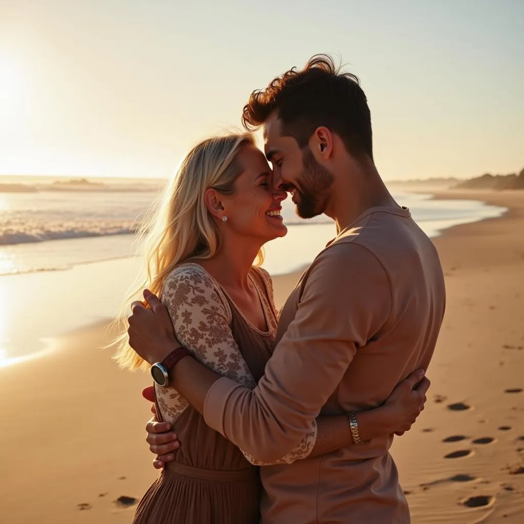 Two lovers embracing passionately on a beach