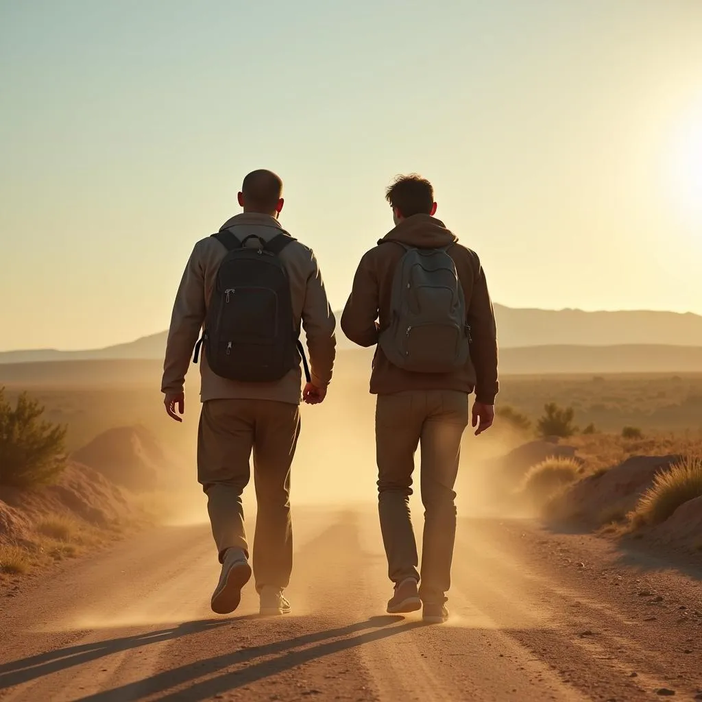 Two friends on a road trip, walking on a dusty road