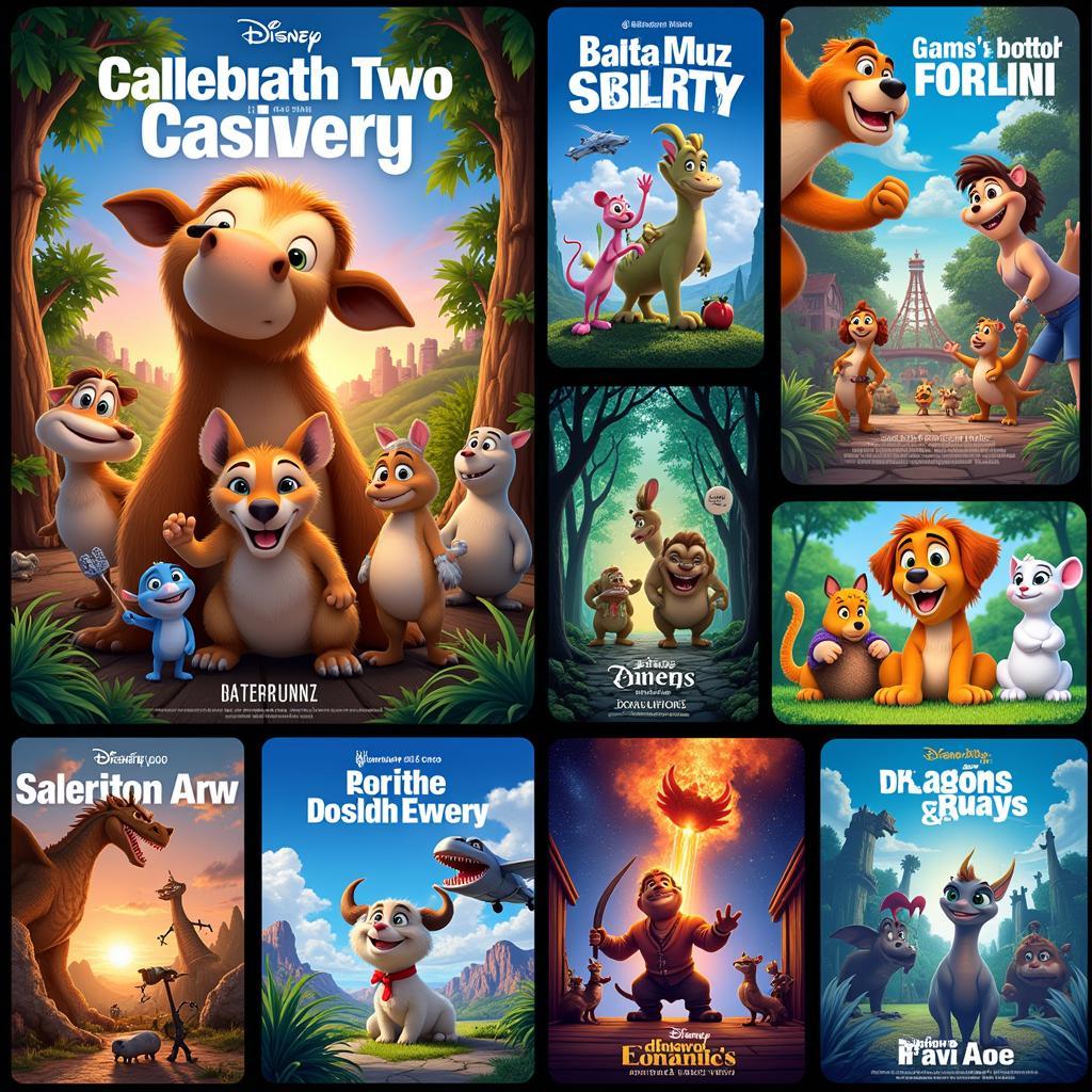 Posters of cartoon movies representing different genres like adventure, comedy, fantasy, and sci-fi.