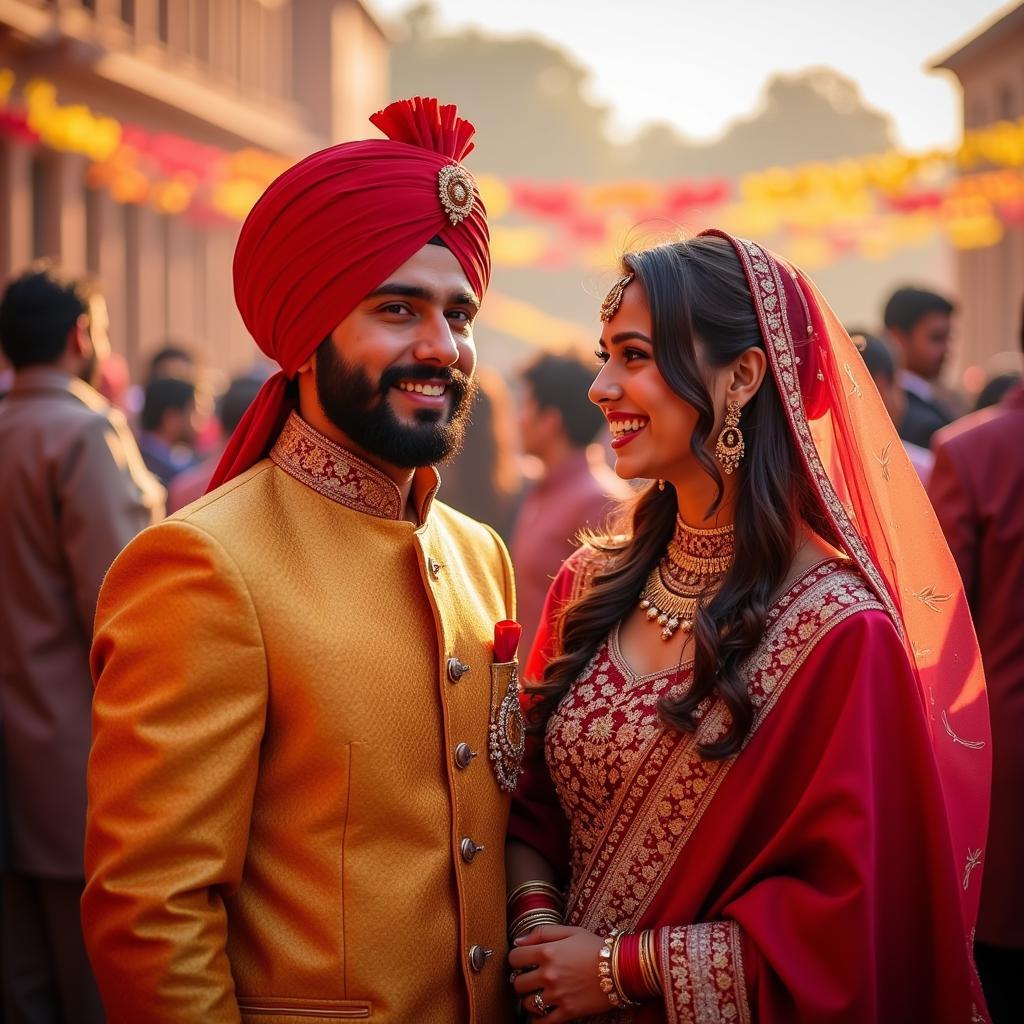 Veer and Zaara in traditional attire amidst a vibrant Punjabi celebration