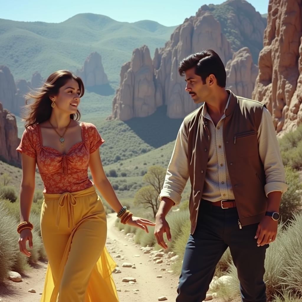 A vintage Bollywood movie poster featuring a couple against a backdrop of mountains and a steam engine train, showcasing the classic aesthetic of old safar songs