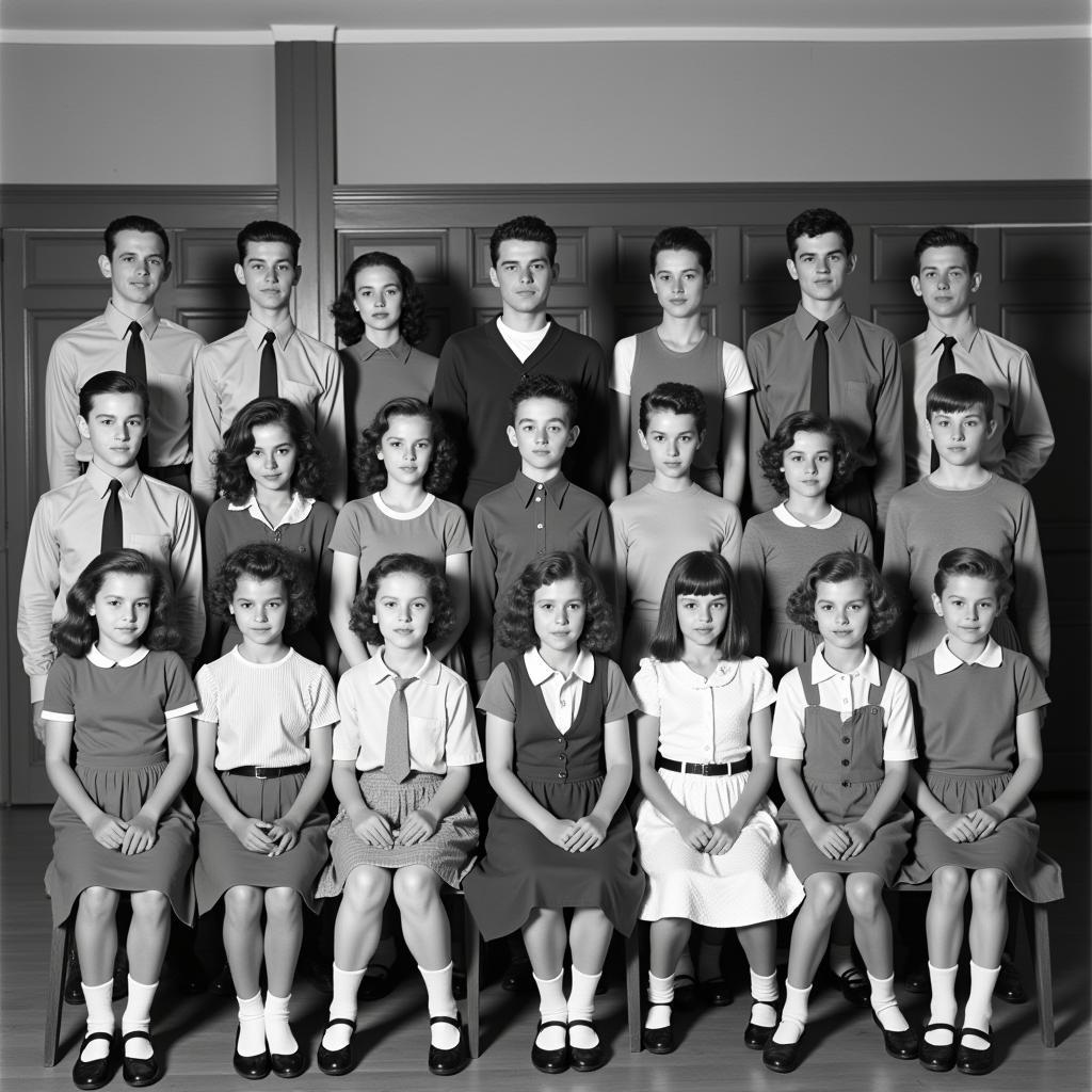 A vintage black and white class photo with students and teacher