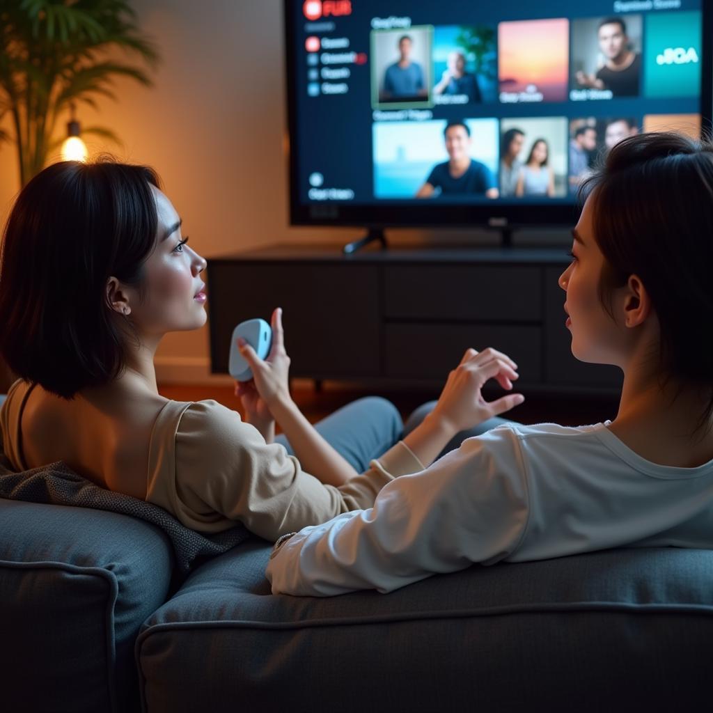 Woman using voice commands to browse movies on a smart TV