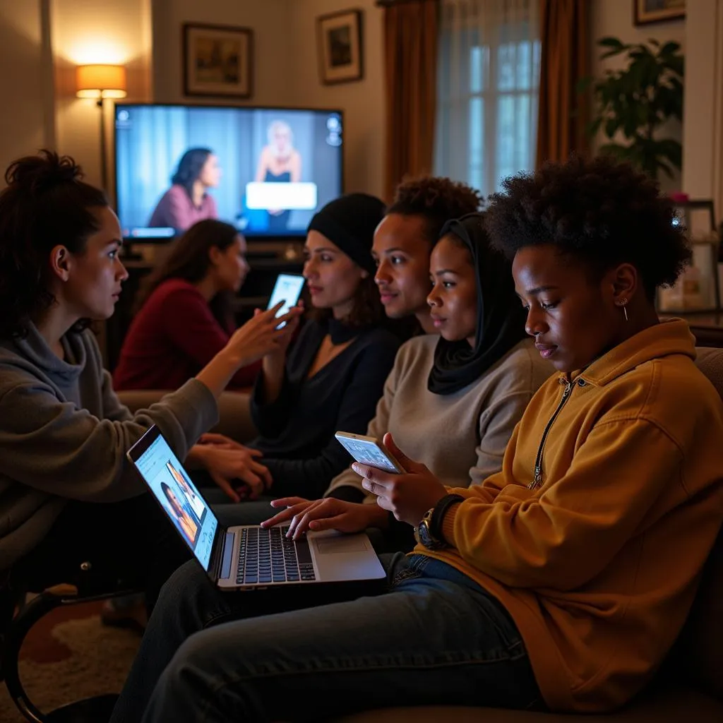 People enjoying American movies on various devices.