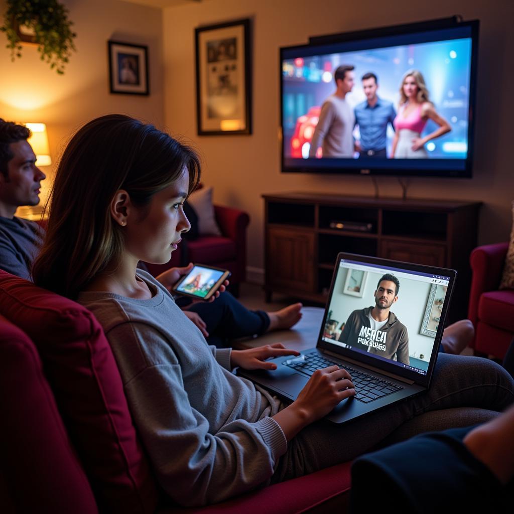 People enjoying watching american movies online on different devices.