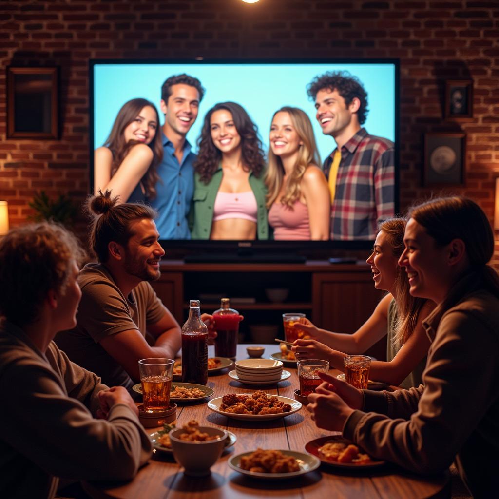 Group of friends enjoying American Pie movie night