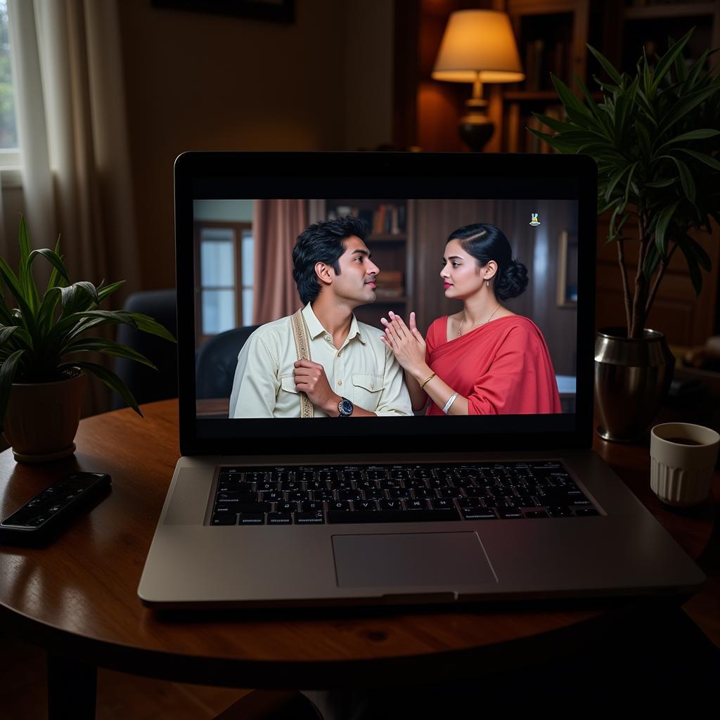 A person streaming a Bangladeshi chodar movie on their laptop