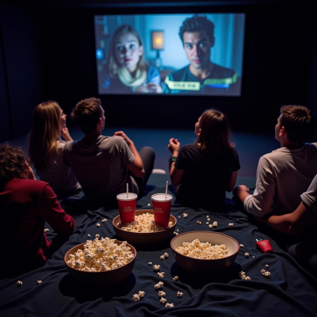 A dimly lit living room with a group of friends engrossed in a suspenseful movie night, their faces illuminated by the flickering light of the television screen