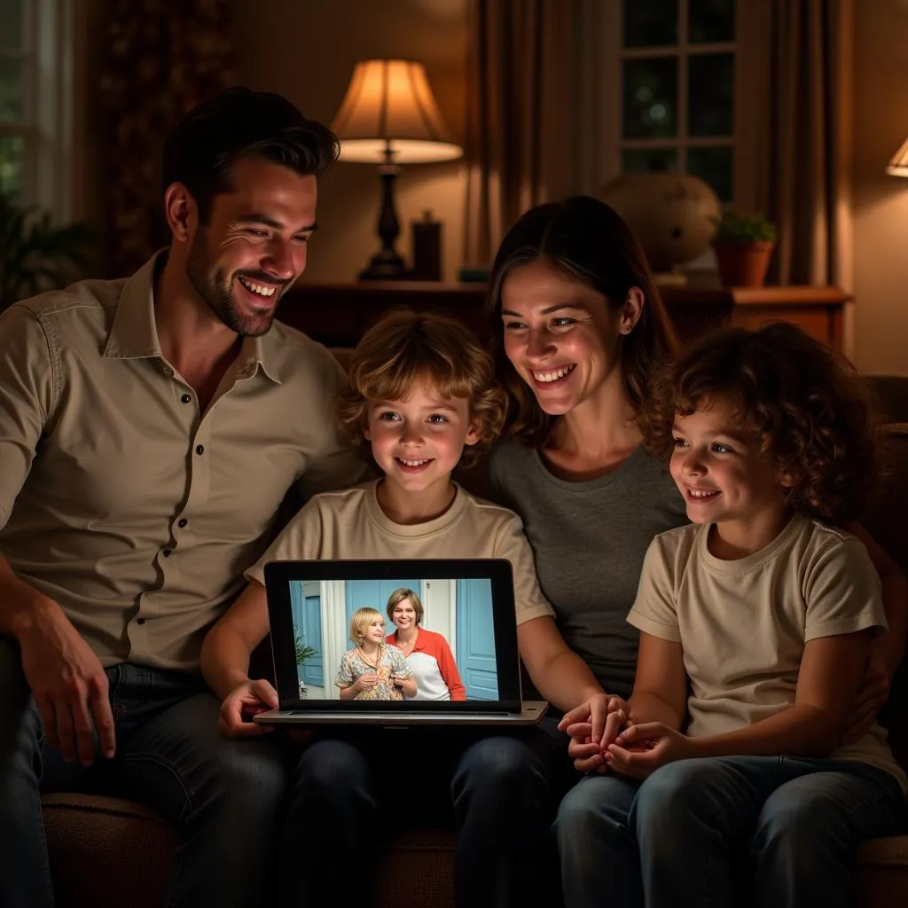 A family gathered around a laptop, enjoying The Little Rascals movie together.