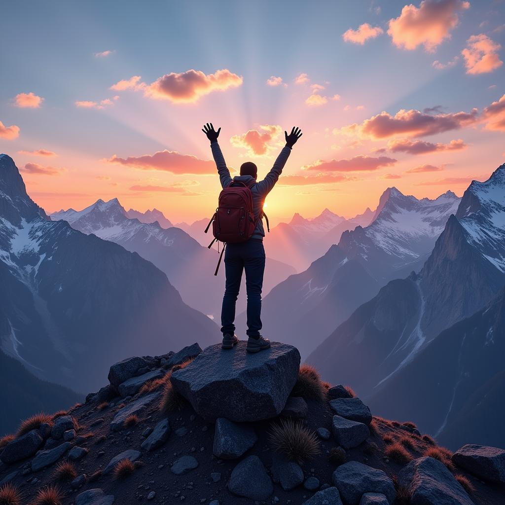 Hiker reaching the summit of a mountain