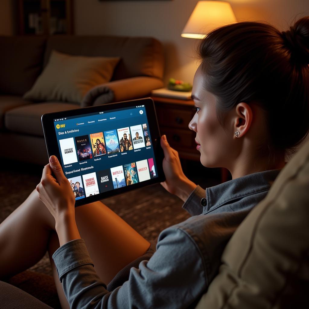 A woman browsing through movies on a tablet with a relaxed smile